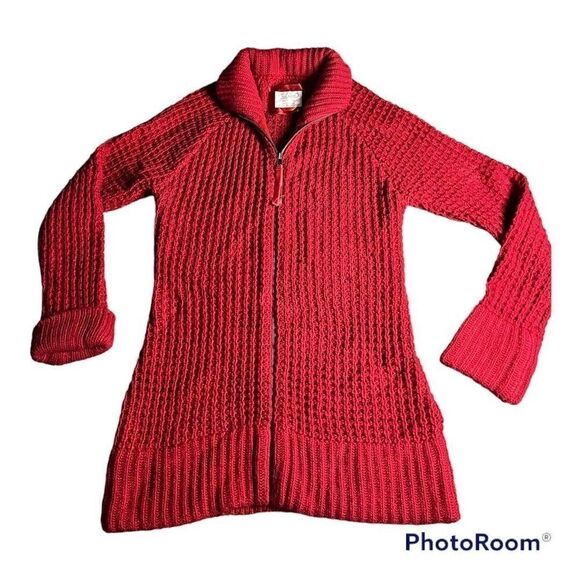 Old Navy Sz Large Heavy Knit Wool Blend Red Sweater Full Zip Chunky Open Knit - Picture 1 of 4